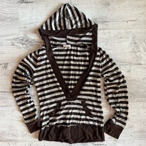Y2K Papaya Striped Brown and Gray Hooded Sweater